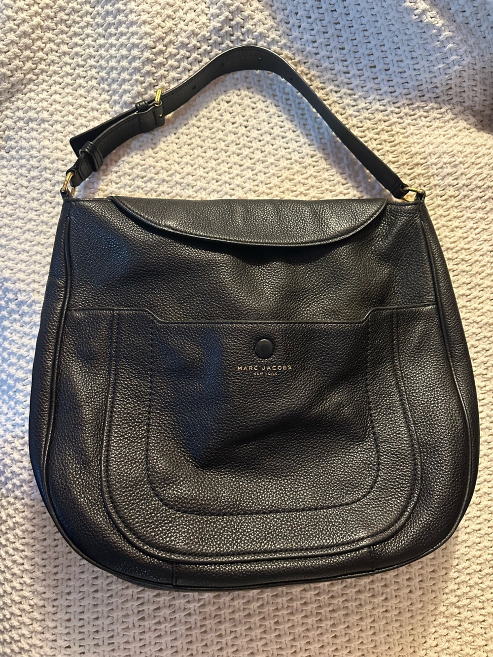 Marc Jacobs Black Pebbled Leather Shoulder Bag with Front Pocket